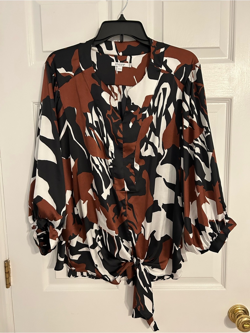 Chico's Brown Black White Abstract Tie-Front Blouse